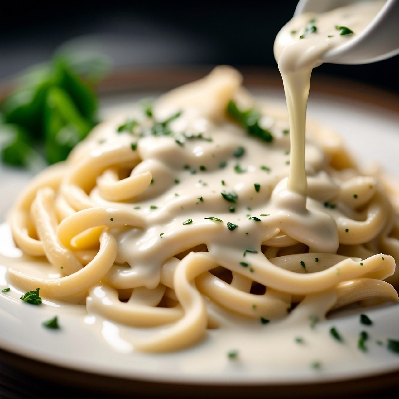 Pasta con crema di cipolle guarnita, piatto trendy e invitante.